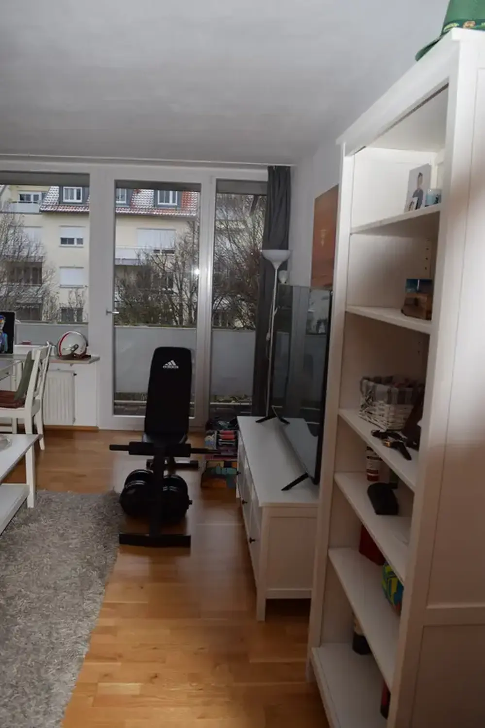 Michaela Hain Immobilien - Wohnung Wohnzimmer mit großer LED, Balkonblick