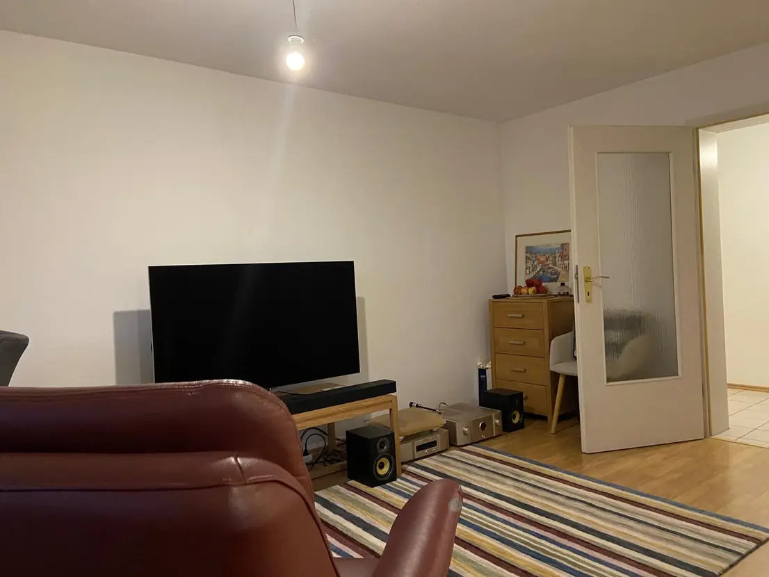 Michaela Hain Immobilien - Wohnung Wohnzimmer mit großer LED, Balkonblick